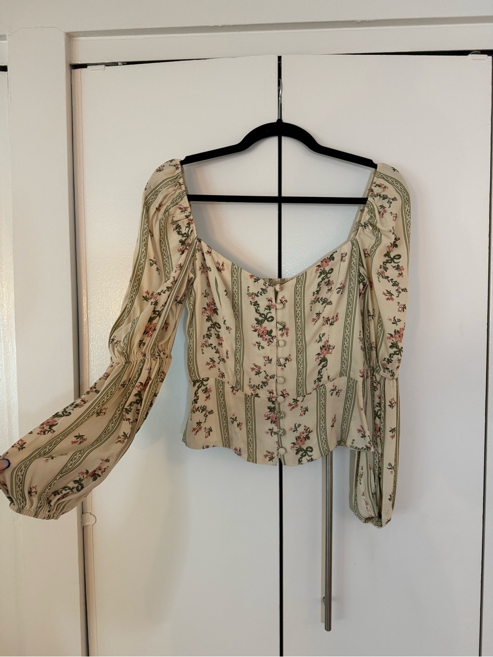 Reformation Cream Floral Peasant Blouse with Green Stripe